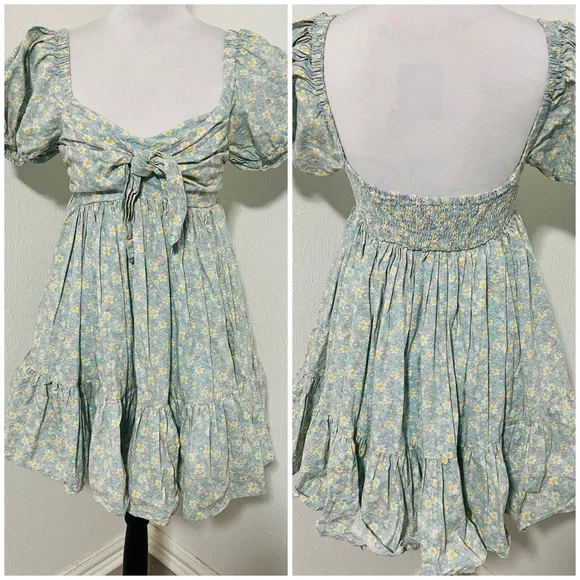 Anthropologie Mable Med Floral Print Puff Sleeve Babydoll Pleated Line Dress EUC - Picture 1 of 11